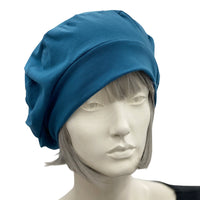 Slouchy Beret in Soft Light Denim Stretch Jersey, Summer Beret for Women, More Colors Available, Handmade in the USA teal front view