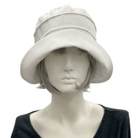 White Linen Cloche Hat Women, 1920s Style Hat with Sweet Side bow and detail, Handmade in the USA