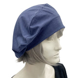 Boston Millinery's Denim  Blue Stretch Jersey Beret Handmade in the USA side view 