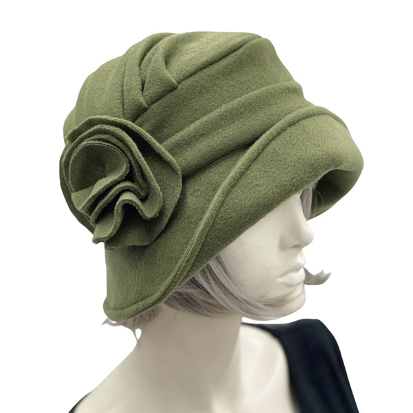 Winter Hat Women, Fleece Hat, Olive Green or Choose Your Color, 1920s Cloche Hat, Handmade in the USA