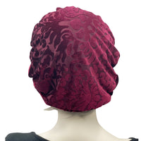Textured Velvet Beret Hat in Wine with Satin Lining or unlined rear view Boston Millinery