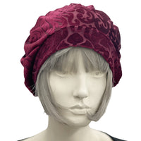 Textured Velvet Beret Hat in Wine with Satin Lining or unlined front view Boston Millinery
