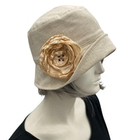 Flapper Hat, Linen Cloche, Women Summer Hats, Beige Linen Hat with Satin Flower Brooch, Vintage Style 1920s Hat, Handmade in the USA