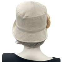 Flapper Hat, Linen Cloche, Women Summer Hats, Beige Linen Hat with Satin Flower Brooch, Vintage Style 1920s Hat, Handmade in the USA
