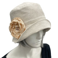 Flapper Hat, Linen Cloche, Women Summer Hats, Beige Linen Hat with Satin Flower Brooch, Vintage Style 1920s Hat, Handmade in the USA