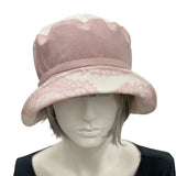 Summer Cloche Hats in Dusky Pink Linen with Pink and White Contrast Brim, Adjustable Handmade in the USA top front view