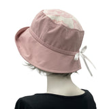 Summer Cloche Hats in Dusky Pink Linen with Pink and White Contrast Brim, Adjustable Side view