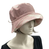 Summer Cloche Hats in Dusky Pink Linen with Pink and White Contrast Brim, Adjustable Handmade in the USA side view