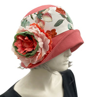 Cloche Hat, Summer Hats Women, Dusky Coral Linen with Floral Print and Large Peony Style Brooch, Wedding Hat, side view of flower