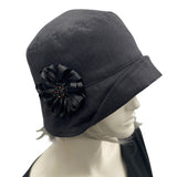 Cloche Hat Women, 1920s Hat in Black Linen or Choose your Color with Satin Ribbon Daisy Brooch, Gatsby Wedding, Handmade in the USA