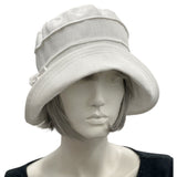 White Linen Cloche Hat Women, 1920s Style Hat with Sweet Side bow and detail, Handmade in the USA