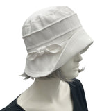 White Linen Cloche Hat Women, 1920s Style Hat with Sweet Side bow and detail, Handmade in the USA