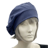 Boston Millinery's Denim  Blue Stretch Jersey Beret Handmade in the USA side front view