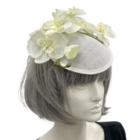White Orchid Fascinator Headpiece, Boston Millinery, side view 