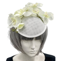 White Orchid Fascinator Headpiece, Boston Millinery, side view top front view