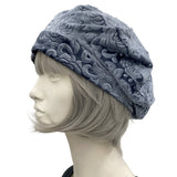 Beautiful Beret Handmade in Embossed Silver Gray Velvet modeled on a hat mannequin side front view Boston Millinery 