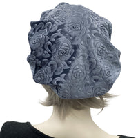 Beautiful Beret Handmade in Embossed Silver Gray Velvet modeled on a hat mannequin rear view Boston Millinery 