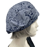 Beautiful Beret Handmade in Embossed Silver Gray Velvet modeled on a hat mannequin side view Boston Millinery 