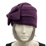 Turban, Winter Hat Women in Eggplant Fleece with Large Bow Brooch, Handmade in the USA