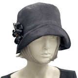 Cloche Hat Women, 1920s Hat in Black Linen or Choose your Color with Satin Ribbon Daisy Brooch, Gatsby Wedding, Handmade in the USA