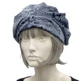 Beautiful Beret Handmade in Embossed Silver Gray Velvet modeled on a hat mannequin side front view Boston Millinery 
