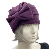 Turban, Winter Hat Women in Eggplant Fleece with Large Bow Brooch, Handmade in the USA