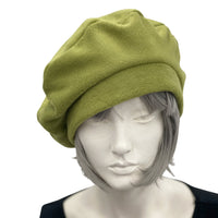 Cute Beret, Satin Lined Winter Hat, Chartreuse Fleece Hat, Berets For Women, Wife Birthday Gift, Handmade in USA