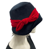 Black Velvet Hat, Cloche Hat, Satin Lined Winter Hat Women, with Red Velvet Band and Bow, Handmade in the USA