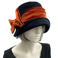 Black Velvet Hat, Cloche Hat with Burnt Orange Velvet Band and Bow, Satin Lined Winter Hat Women, Handmade in The USA