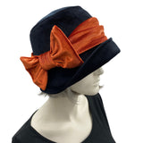 Black Velvet Hat, Cloche Hat with Burnt Orange Velvet Band and Bow, Satin Lined Winter Hat Women, Handmade in The USA