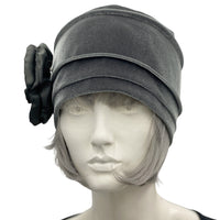 Chemo Headwear, Velvet Hat, 1920s Hat Cloche in Gray Velvet or Choose your Color, Satin Flower Embellishment, Handmade USA