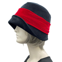 Black Velvet Hat, Cloche Hat, Satin Lined Winter Hat Women, with Red Velvet Band and Bow, Handmade in the USA