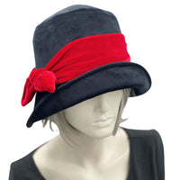 Black Velvet Hat, Cloche Hat, Satin Lined Winter Hat Women, with Red Velvet Band and Bow, Handmade in the USA