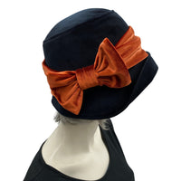 Black Velvet Hat, Cloche Hat with Burnt Orange Velvet Band and Bow, Satin Lined Winter Hat Women, Handmade in The USA