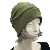 Olive Fleece Beanie lined in satin shown on a mannequin head