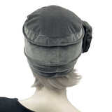 Chemo Headwear, Velvet Hat, 1920s Hat Cloche in Gray Velvet or Choose your Color, Satin Flower Embellishment, Handmade USA