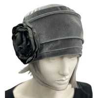 Chemo Headwear, Velvet Hat, 1920s Hat Cloche in Gray Velvet or Choose your Color, Satin Flower Embellishment, Handmade USA