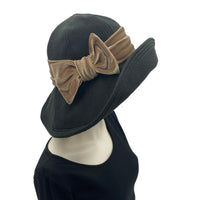 Black Wide Brim Hat, Winter Hat Women, Fleece Hat with Champagne Velvet Bow or Choose Your Color, Handmade in USA