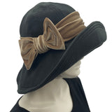 Black Wide Brim Hat, Winter Hat Women, Fleece Hat with Champagne Velvet Bow or Choose Your Color, Handmade in USA