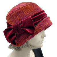Cloche Hat, Winter Hat Women in Rust and Raspberry with Velvet Band and Bow, Christmas Gift