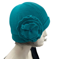 1920s Cloche Hats, Fleece Hat in Teal with Large Flower Brooch, Satin Lined Winter Hat, Handmade in USA, Best Friend Birthday Gifts