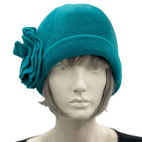 1920s Cloche Hats, Fleece Hat in Teal with Large Flower Brooch, Satin Lined Winter Hat, Handmade in USA, Best Friend Birthday Gifts
