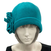 1920s Cloche Hats, Fleece Hat in Teal with Large Flower Brooch, Satin Lined Winter Hat, Handmade in USA, Best Friend Birthday Gifts