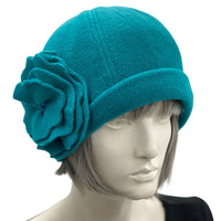 1920s Cloche Hats, Fleece Hat in Teal with Large Flower Brooch, Satin Lined Winter Hat, Handmade in USA, Best Friend Birthday Gifts