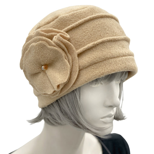 Cloche Hat in Camel Fleece with Large Flower Brooch, Winter Hat Women, 1920s Style, Handmade in the USA