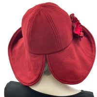 Winter Hat Women, Burgundy Wide Brim Hat, Polar Fleece Cloche Hat with Hydrangea Brooch, Handmade in the USA