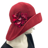 Winter Hat Women, Burgundy Wide Brim Hat, Polar Fleece Cloche Hat with Hydrangea Brooch, Handmade in the USA