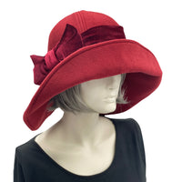 Wide Brim Hat in Burgundy Fleece with Velvet Bow, Handmade Millinery, Winter Hat Women
