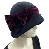 1930s Hat, 1920s Cloche Hats, Handmade in Black Velvet with Large Bow, Unique Gifts, Winter Hat Women