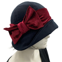 Black Velvet Hat with Contrast Velvet Bow, Cloche Hat Woman, Christmas Gift for Mom, Handmade in the USA